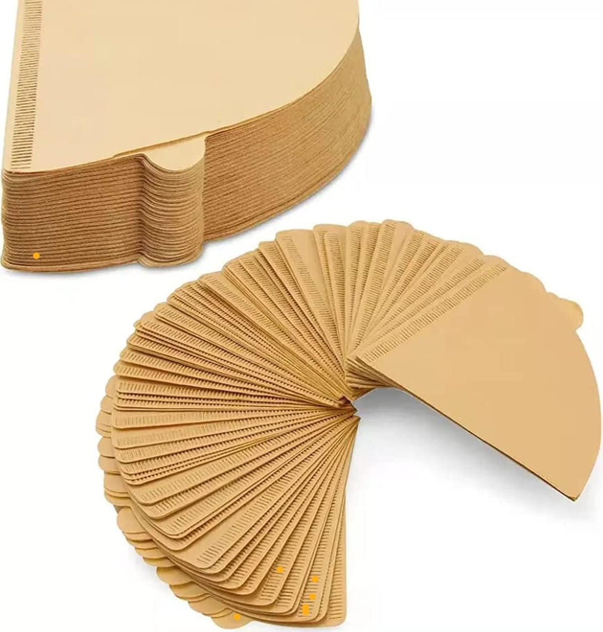 A stack of Coffee Paper Filters, [SIZE] [FILTER TYPE] Coffee Filters is displayed, with several filters from the [NUMBER OF FILTERS] pack fanned out in the foreground and the rest neatly stacked in the background. Made from [MATERIAL], these filters are compatible with [COFFEE MAKER / DRIPPER / BREWER].