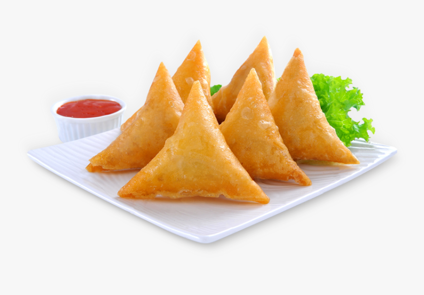 Fifty pieces of Samosa Chicken 20gm (1x50pcs) arranged on a serving platter with a cup of tangy red dipping sauce and fresh green lettuce garnish—perfect party appetizers featuring a savory, spiced chicken filling.