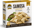 A box of Samosa Chicken 20gm (1x50pcs) displays an image of savory chicken samosas with a dipping sauce, ideal for serving as party appetizers. The packaging emphasizes 50 pieces of premium quality with a flavorful spiced filling, and includes product details in both English and Arabic.